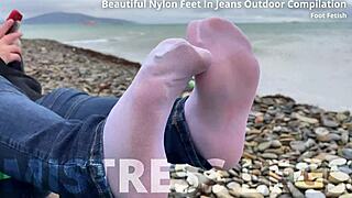 Beautiful nylon feet in jeans outdoor compilation