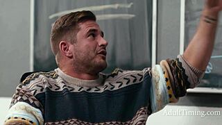 Guy Jerks To Teacher's Tits Then Joins Lesbian Duo In Bed