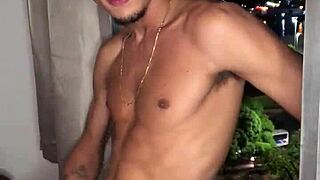 naughty tattooed guy jerks off hard at the building window with creampie fantasy