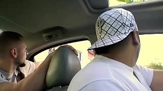 Horny brunette sucks cock in car then rides monster dick