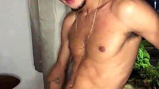 naughty tattooed guy jerks off hard at the building window with creampie fantasy