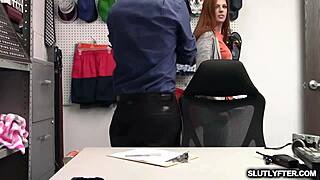 Officer Wrex bangs brunette teen Scarlett at shop for facial cumshot