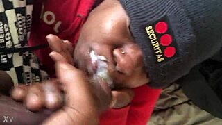 ebony woman sucks cock and swallows cum in a black hardcore video