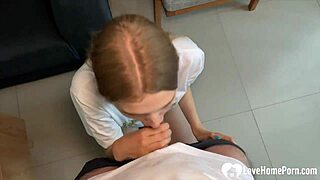 Pretty Brunette Babe Sucks Cock On Knees After Homemade Meal