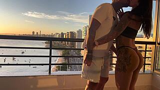 Sensual cowgirl ride at sunset in lingerie and fishnets.