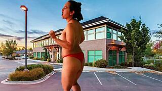 I sneak a peek at stripping and masturbating in the parking lot with big tits shaking.