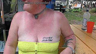 Trashy Kiwi MILF trailer makes a blatant public display at the local holiday park with piercings and tattoos.