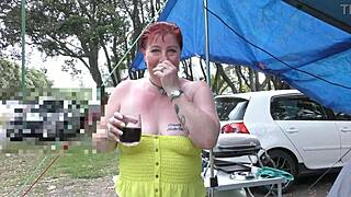 Trashy Kiwi MILF trailer makes a blatant public display at the local holiday park with piercings and tattoos.