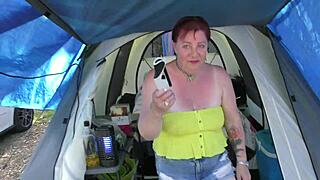 Trashy Kiwi MILF trailer makes a blatant public display at the local holiday park with piercings and tattoos.
