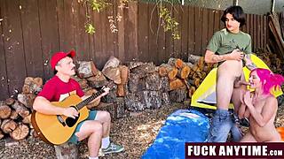 Three boys freeuse the hot chick while camping