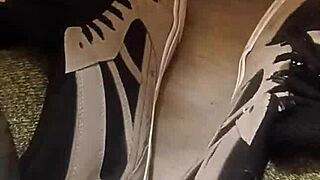 Friend has fun trashing my sneakers with shoes fetish
