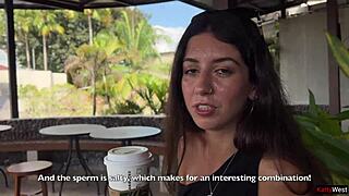 crazy brunette walks with cum in starbucks after blowjob in toilet