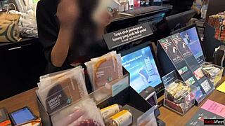 crazy brunette walks with cum in starbucks after blowjob in toilet