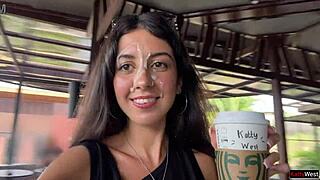 crazy brunette walks with cum in starbucks after blowjob in toilet