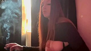 Hot horny milf Artemisia Love boldly shows big boobs in smoking fetish session.