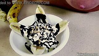 Busty cougar Vicky Vette's slow-motion banana sundae leads to wild titty fucking and blowjob