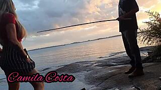 Blonde Wife Gives Complete Blowjob To Unknown Black Fisherman On Red.