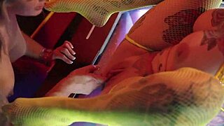 Misty Meaner and Jordan Sky engage in lesbian dildo play at freaky arcade