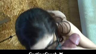 Teen with glasses auditions for porn on casting couch