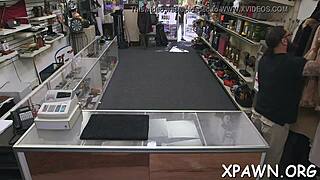 why does this sexy harlot not shy away from fucking in the shop?