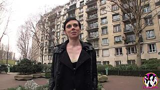 Short-haired brunette woman is having an amazing gangbang