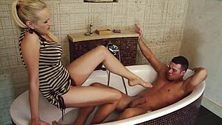 She Strips Teasingly While Husband Bathes With Big Cock