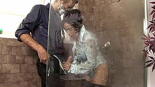 Romana bends over for intense anal fucking in the shower, creampie included!