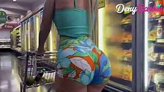 Blonde Slut Shows Off In Market With Micro Shorts