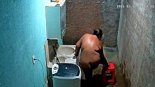 hidden camera catches stepmother shaving while stepson watches secretly.