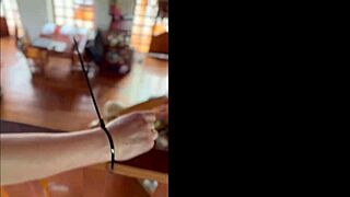 Slut Chained To Banister Fucked And Cum Dripping From Pussy