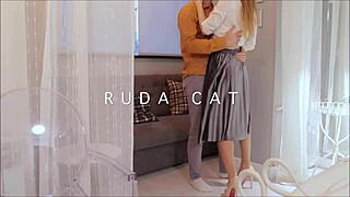 Stunning redhead housewife enjoys passionate sex in heels and skirt.