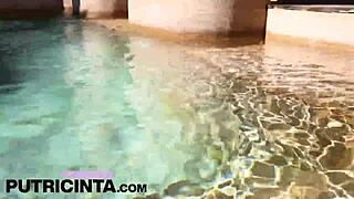 horny asian babe putri cinta struts around, proudly displaying her brown huge tits