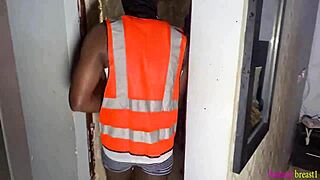 Black ebony offered her wet pussy to engineers as payment for service in group threesome with fingering and oiled masturbation