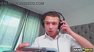 a hidden camera captures a steamy threesome during a workout session involving a young milf and her partners in various positions like blowjobs and cumshots