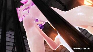 Handcuffed hentai hottie takes dildo deep in pussy.