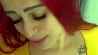 the guy blackmails her to suck his big cock or he'll show the video to her boyfriend.