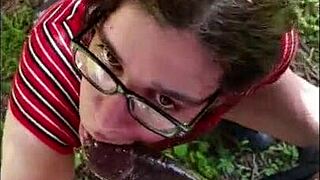 Nasty White Slut Sucks Big Black Cock Outside