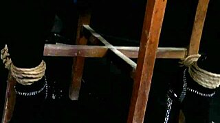 Sub babe bound tightly, disciplined roughly by maledom with heels and piercing