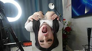 the busty slut's throat is used for big cock leading to cum on face