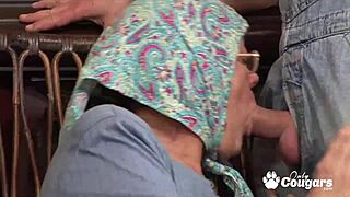 Old granny gets her face slapped with a hard cock during deepthroat blowjob and choking