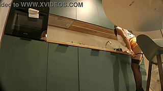 Cute sexy housewife flashes panties while wearing high heels and stockings in mini skirt.