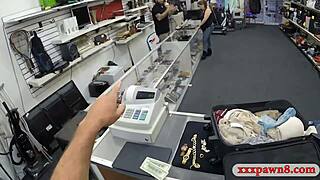 a stewardess gets screwed in a pawnshop's toilet during a quick hidden cam encounter