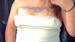 A Horny Latina Prostitute In The Car On The Highway Shows Her Natural Tits And Panties Under Lingerie.