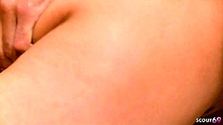 Blonde beauty's first casting with muscled guy