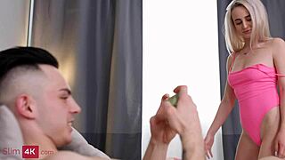 Blonde girl Hanna Rey in bodysuit gets intimate with her partner