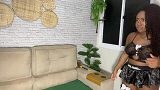 After a relaxing massage, employee and boss fuck wildly on the sofa.