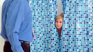 Teen redhead performs solo on webcam stepping into shower