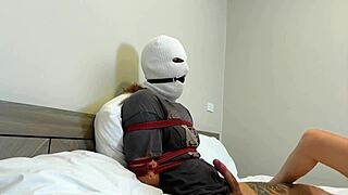 Masked Dude In Bondage Gets Footjob Treatment As Slave From Sexy Teen Girlfriend