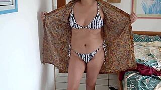 Mature Woman Flashes on Beach, Gets Big Cumshot on Hairy Pussy from Stepson