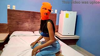 My Brunette Stepsister Celebrates Halloween in a Hotel Bed, Puts on a Mask, Shakes Her Body Sexy, and Gets Naked